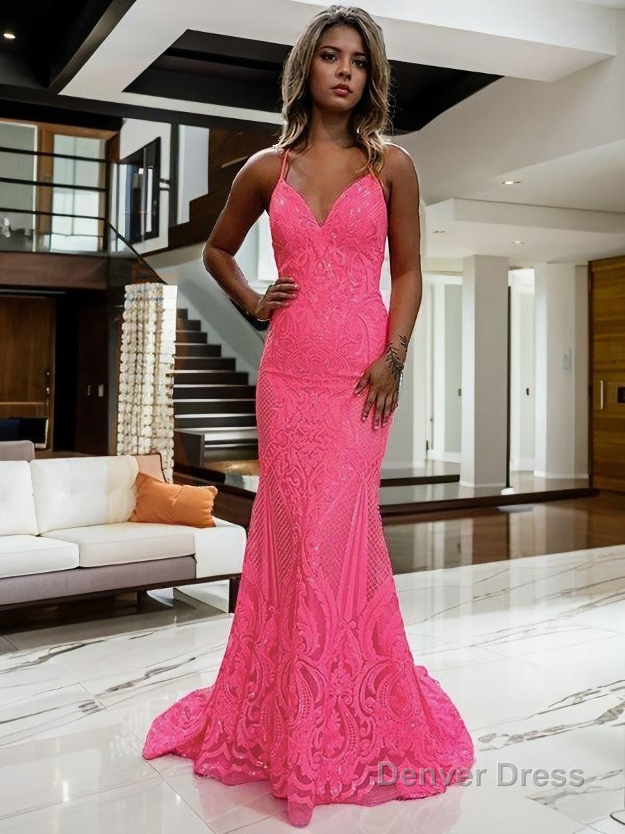 Sheath Column V Neck Sweep Train Prom Dresses