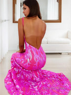 Sheath Column V Neck Sweep Train Prom Dresses