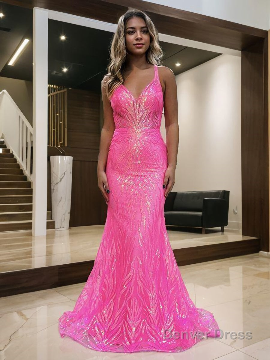 Sheath Column V Neck Sweep Train Prom Dresses