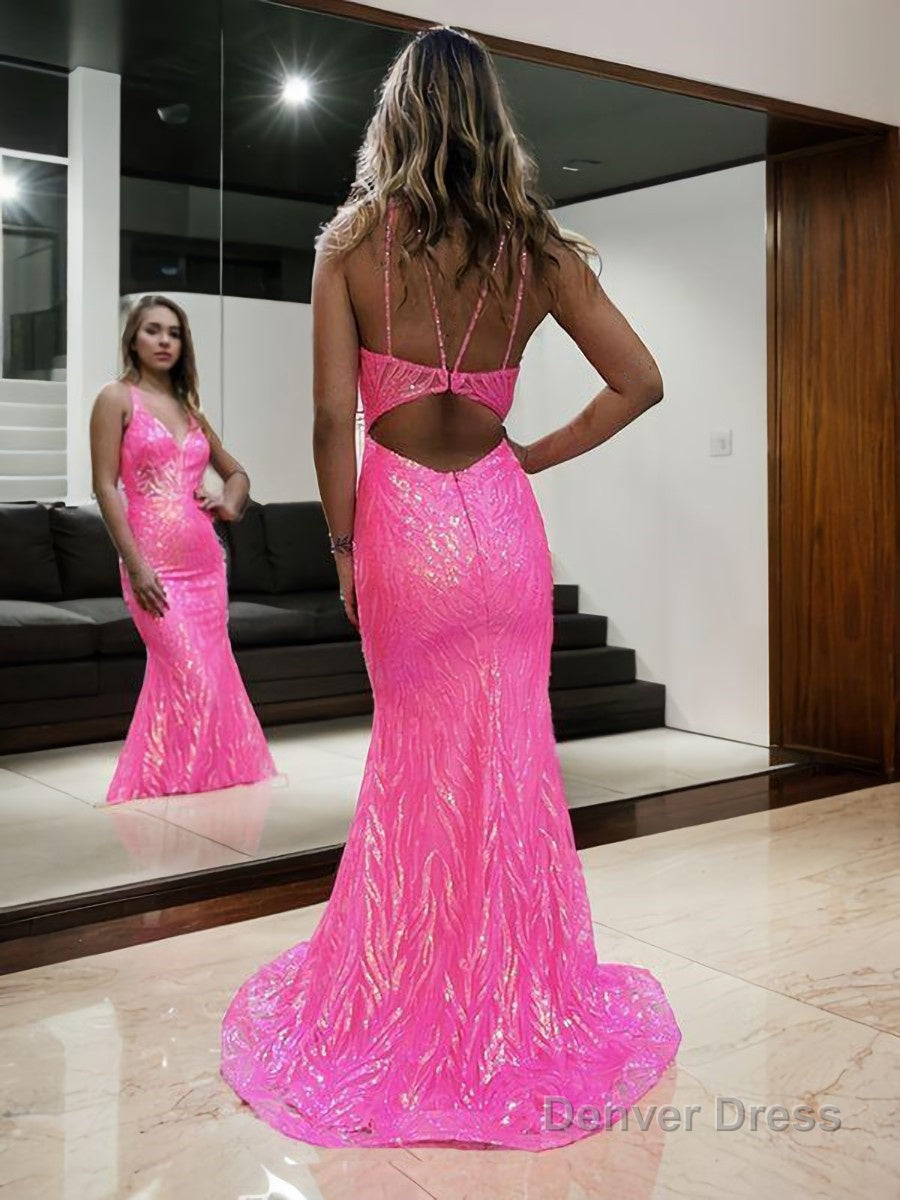 Sheath Column V Neck Sweep Train Prom Dresses