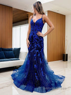 Sheath Column V Neck Sweep Train Prom Dresses With Appliques Lace