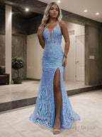 Sheath Column V Neck Sweep Train Prom Dresses With Leg Slit