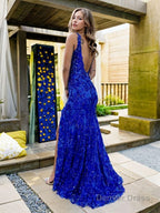 Sheath Column V Neck Sweep Train Prom Dresses With Leg Slit