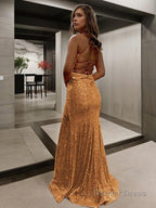 Sheath Column V Neck Sweep Train Prom Dresses With Leg Slit