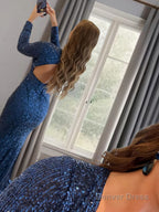 Sheath Column V Neck Sweep Train Sequins Prom Dresses With Leg Slit