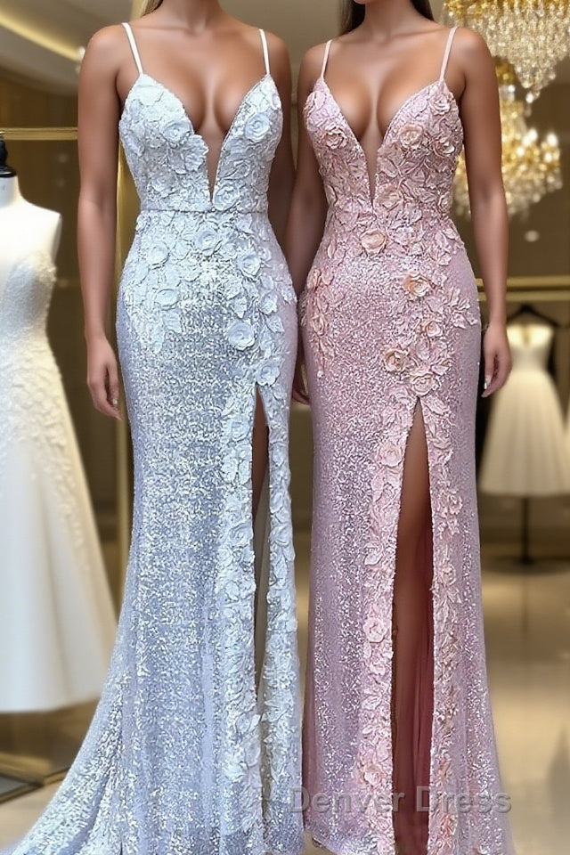 Sheath Column V Neck Sweep Train Sequins Prom Dresses With Leg Slit