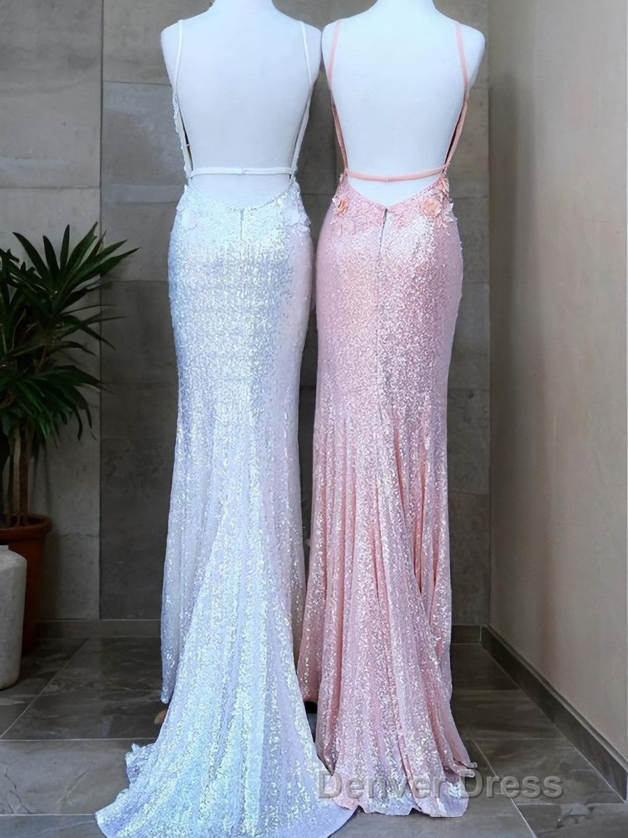Sheath/Column V-neck Sweep Train Sequins Prom Dresses With Leg Slit
