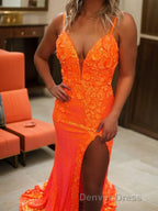 Sheath/Column V-neck Sweep Train Sequins Prom Dresses With Leg Slit