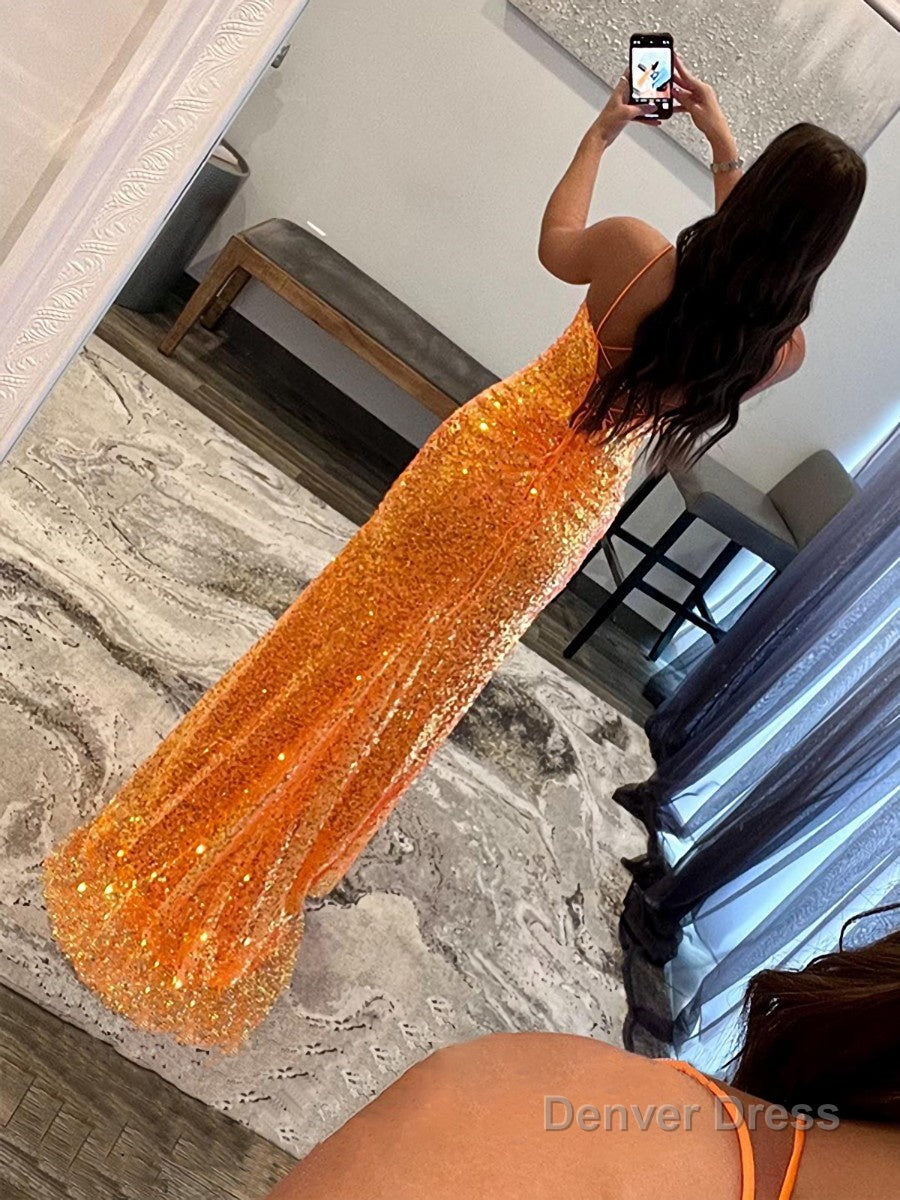 Sheath Column V Neck Sweep Train Sequins Prom Dresses With Leg Slit Secondary image