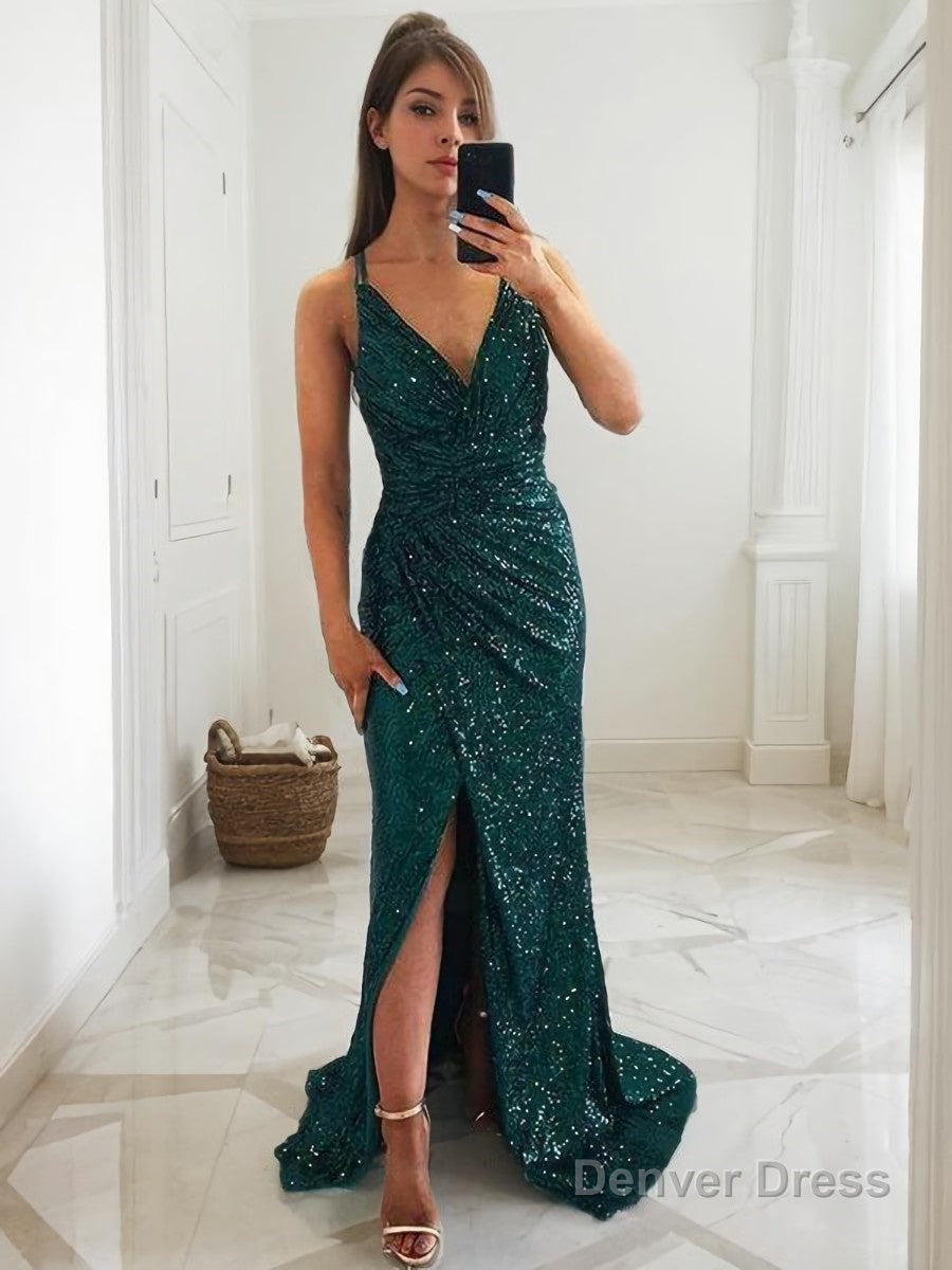 Sheath Column V Neck Sweep Train Sequins Prom Dresses With Leg Slit