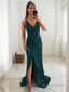 Sheath Column V Neck Sweep Train Sequins Prom Dresses With Leg Slit