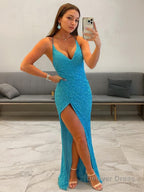 Sheath/Column V-neck Sweep Train Sequins Prom Dresses With Pockets