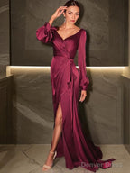 Sheath Column V Neck Sweep Train Silk like Satin Mother of the Bride Dresses With Ruched