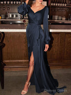 Sheath Column V Neck Sweep Train Silk like Satin Mother of the Bride Dresses With Ruched