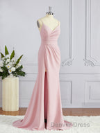 Sheath Column V Neck Sweep Train Stretch Crepe Bridesmaid Dresses with Leg Slit