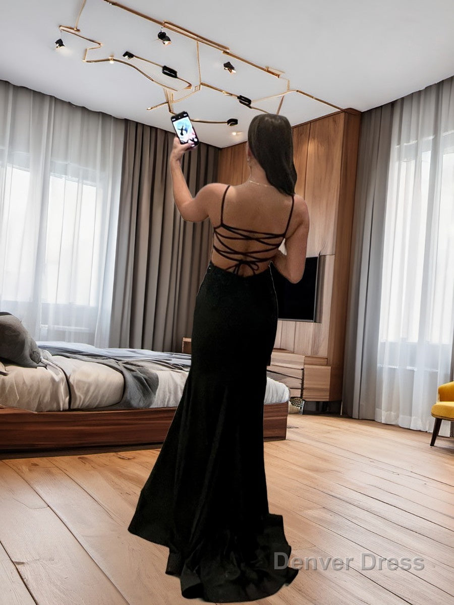 Sheath/Column V-neck Sweep Train Stretch Crepe Prom Dresses With Appliques Lace Secondary image