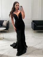 Sheath Column V Neck Sweep Train Stretch Crepe Prom Dresses With Appliques Lace