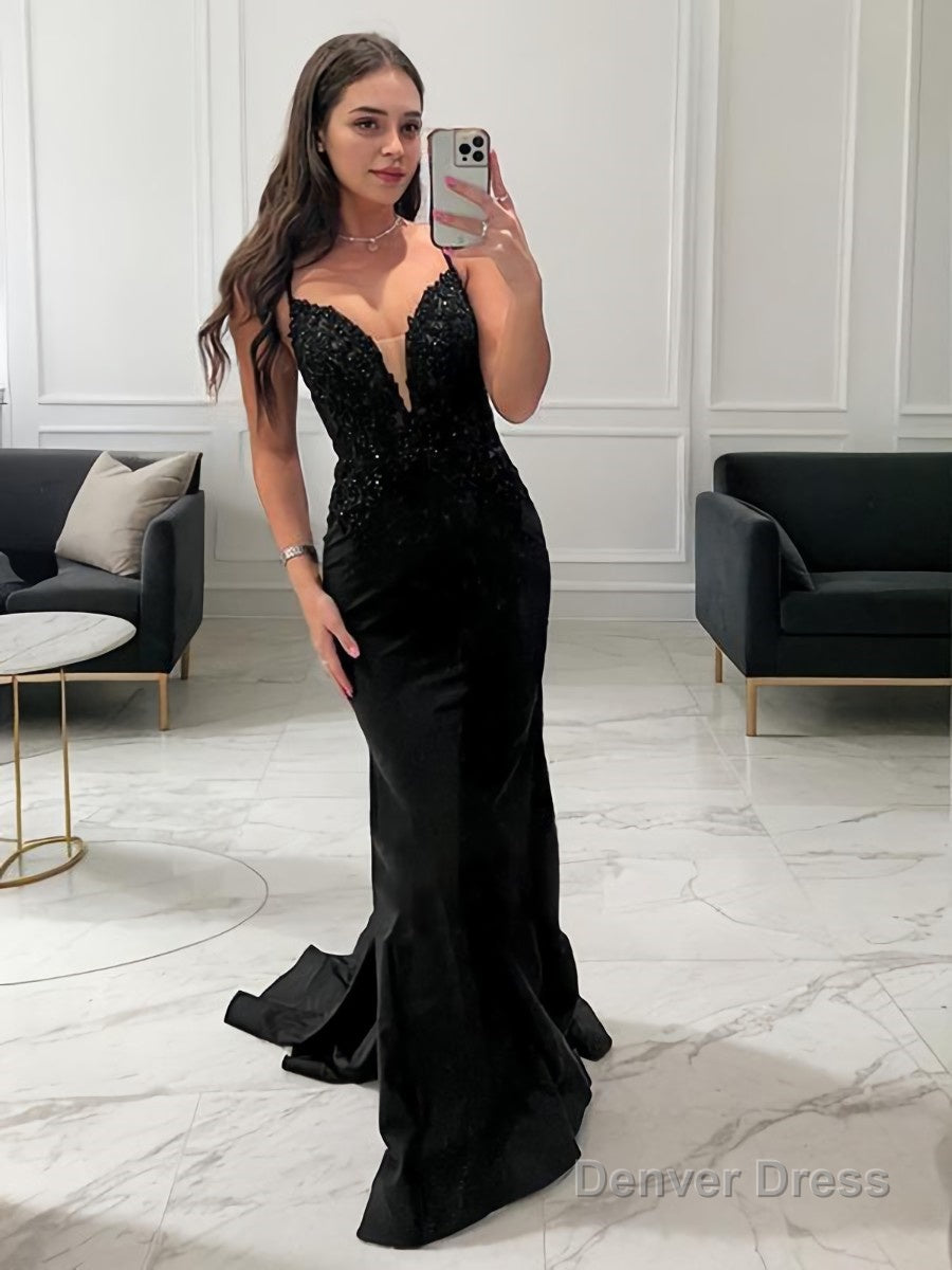 Sheath Column V Neck Sweep Train Stretch Crepe Prom Dresses With Appliques Lace