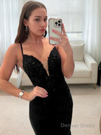 Sheath Column V Neck Sweep Train Stretch Crepe Prom Dresses With Appliques Lace