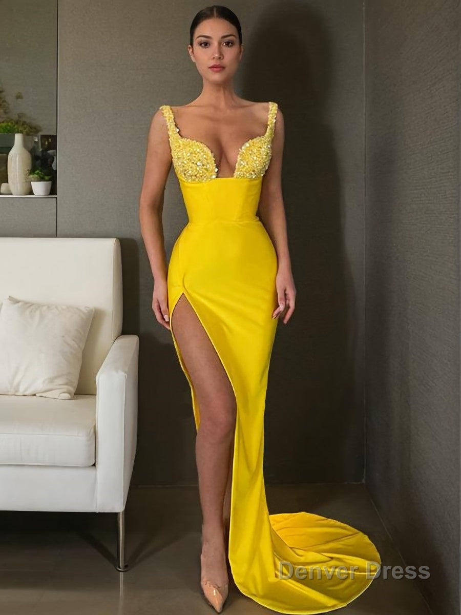 Sheath Column V Neck Sweep Train Stretch Crepe Prom Dresses With Leg Slit