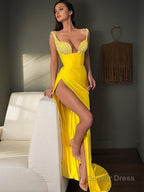 Sheath Column V Neck Sweep Train Stretch Crepe Prom Dresses With Leg Slit
