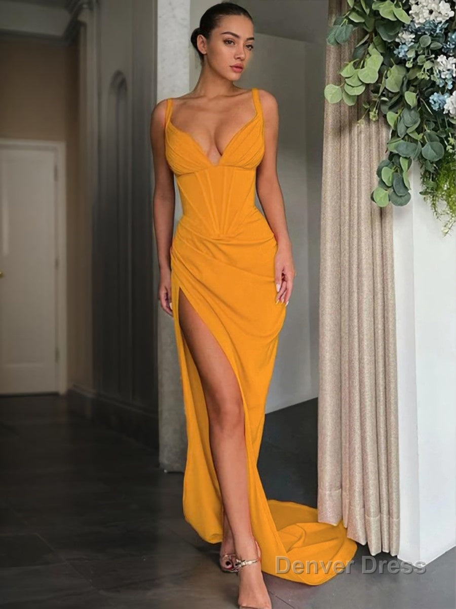 Sheath Column V Neck Sweep Train Stretch Crepe Prom Dresses With Leg Slit Main image