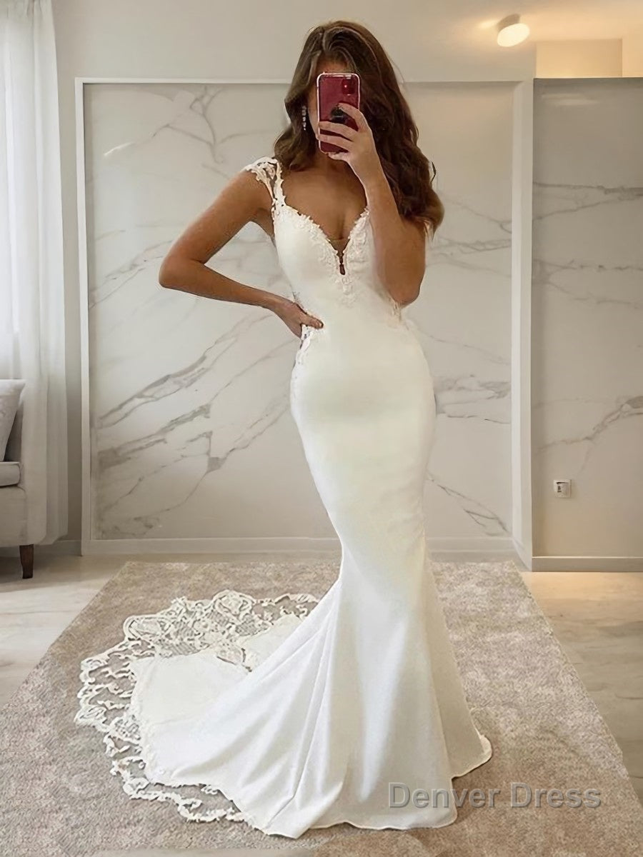 Sheath/Column V-neck Sweep Train Stretch Crepe Wedding Dresses Main image