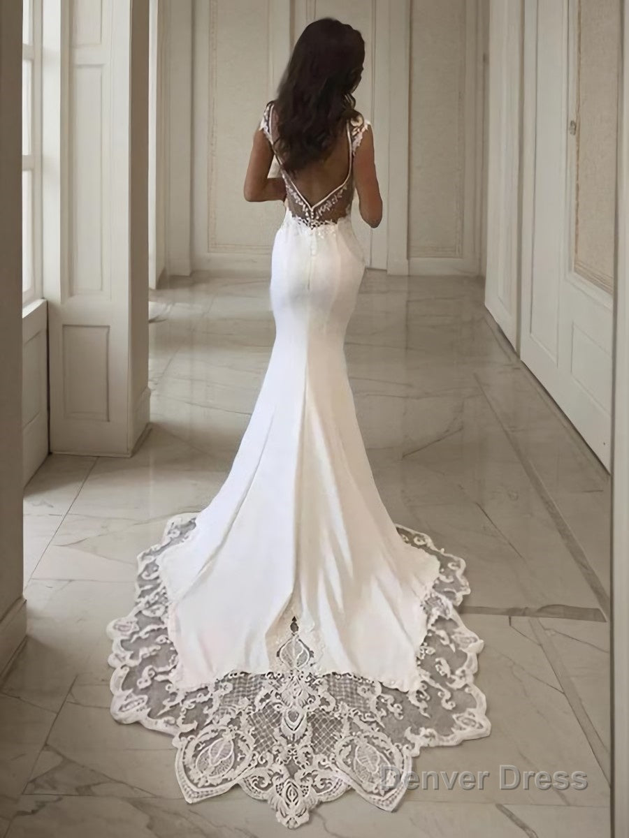 Sheath/Column V-neck Sweep Train Stretch Crepe Wedding Dresses Secondary image