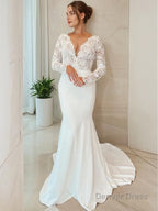 Sheath/Column V-neck Sweep Train Stretch Crepe Wedding Dresses
