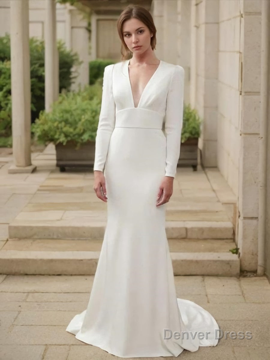 Sheath/Column V-neck Sweep Train Stretch Crepe Wedding Dresses Main image