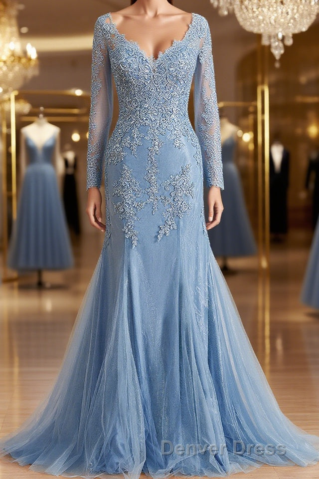 Sheath Column V Neck Sweep Train Tulle Mother of the Bride Dresses With Appliques Lace