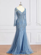 Sheath Column V Neck Sweep Train Tulle Mother of the Bride Dresses With Appliques Lace