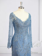 Sheath Column V Neck Sweep Train Tulle Mother of the Bride Dresses With Appliques Lace