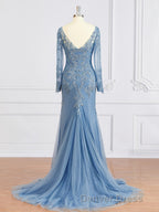 Sheath Column V Neck Sweep Train Tulle Mother of the Bride Dresses With Appliques Lace