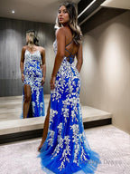 Sheath Column V Neck Sweep Train Tulle Prom Dresses With Leg Slit