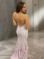 Sheath Column V Neck Sweep Train Tulle Prom Dresses With Leg Slit