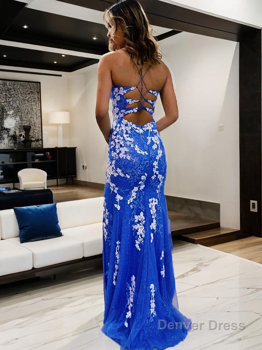 Sheath Column V Neck Sweep Train Tulle Prom Dresses With Leg Slit Secondary image