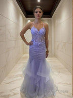 Sheath Column V Neck Sweep Train Tulle Prom Dresses With Ruffles