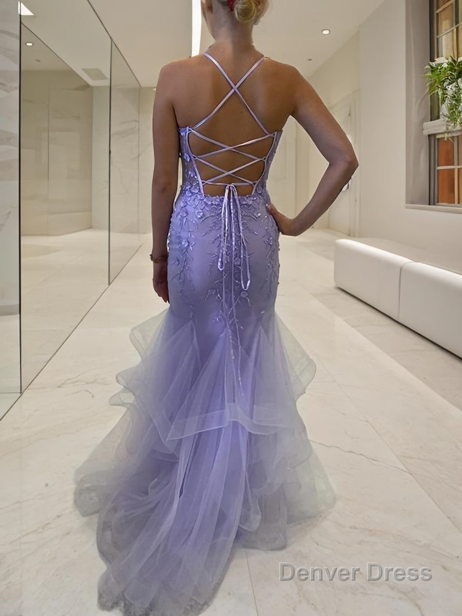 Sheath Column V Neck Sweep Train Tulle Prom Dresses With Ruffles Secondary image