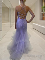 Sheath Column V Neck Sweep Train Tulle Prom Dresses With Ruffles