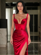 Sheath Column V Neck Sweep Train Velvet Prom Dresses With Leg Slit