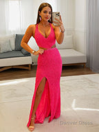 Sheath Column V Neck Sweep Train Velvet Sequins Prom Dresses With Leg Slit