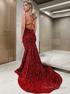 Sheath Column V Neck Sweep Train Velvet Sequins Prom Dresses