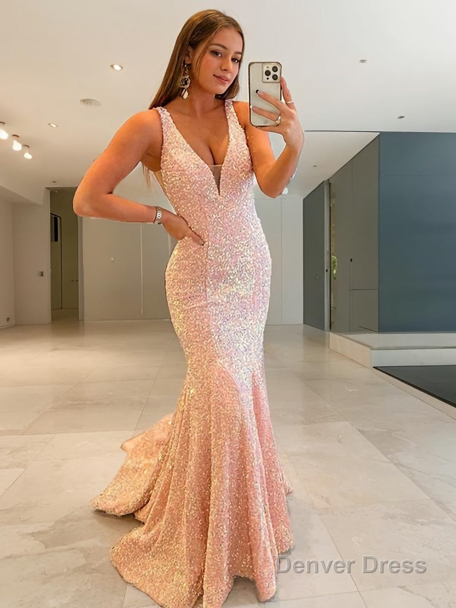 Sheath Column V Neck Sweep Train Velvet Sequins Prom Dresses Main image