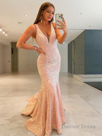 Sheath Column V Neck Sweep Train Velvet Sequins Prom Dresses
