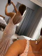 Sheath Column V Neck Sweep Train Velvet Sequins Prom Dresses