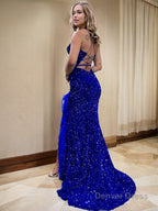 Sheath Column V Neck Sweep Train Velvet Sequins Prom Dresses With Leg Slit