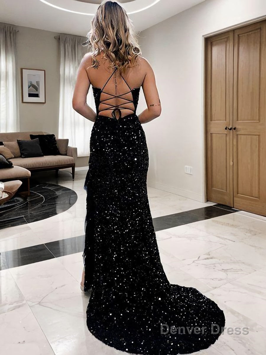 Sheath Column V Neck Sweep Train Velvet Sequins Prom Dresses With Leg Slit