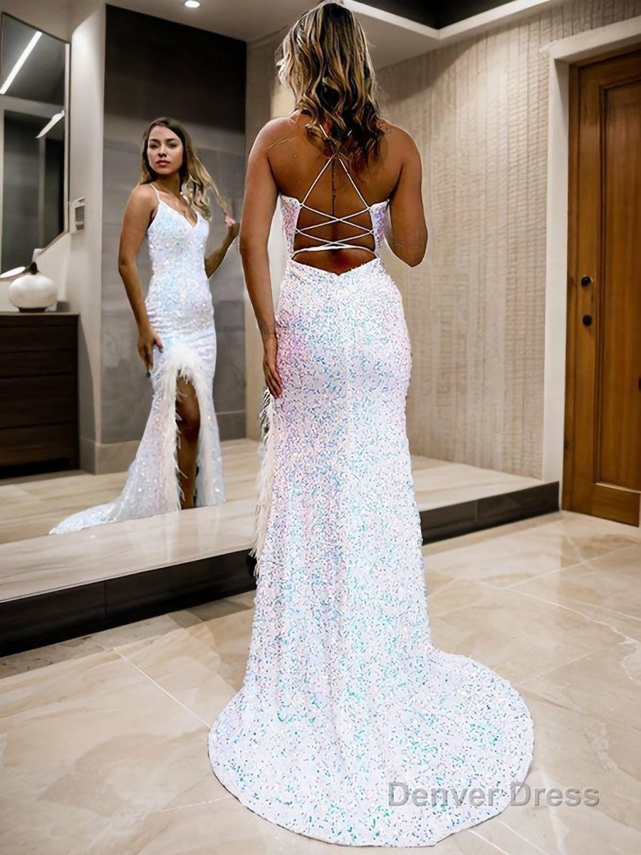 Sheath Column V Neck Sweep Train Velvet Sequins Prom Dresses With Leg Slit