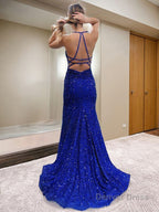 Sheath Column V Neck Sweep Train Velvet Sequins Prom Dresses With Leg Slit